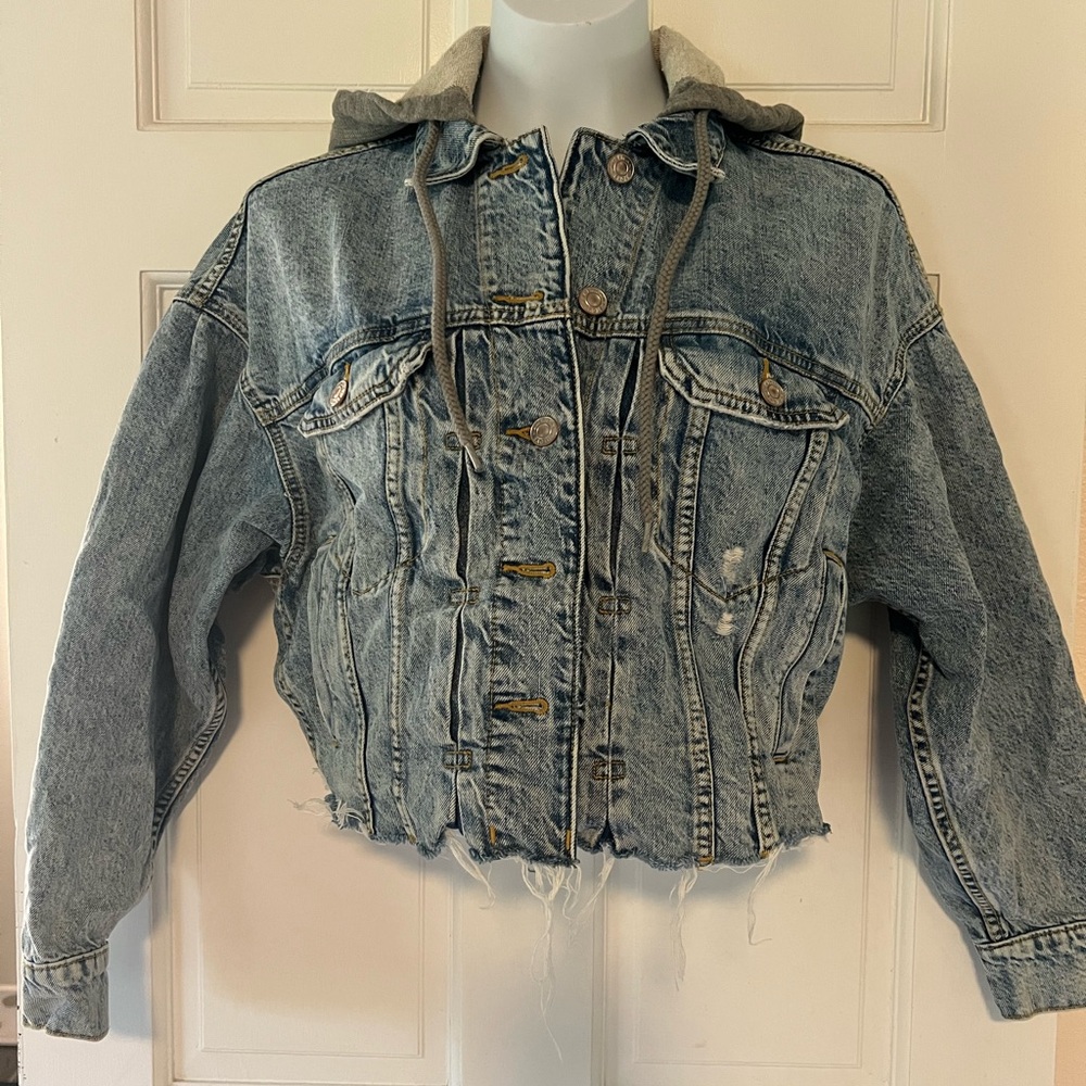 American Eagle Outfitters Blue Denim Jacket with Gray Hood